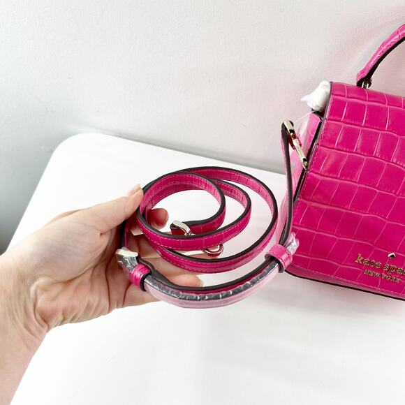 Kate Spade Staci Croc Embossed Mini Top Handle Crossbody Bag Purse Pink - Picture 7 of 9